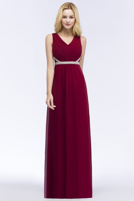 Summer Long Sleeveless V-neck Ruffled Chiffon Bridesmaid Dresses UK with Beading Sash