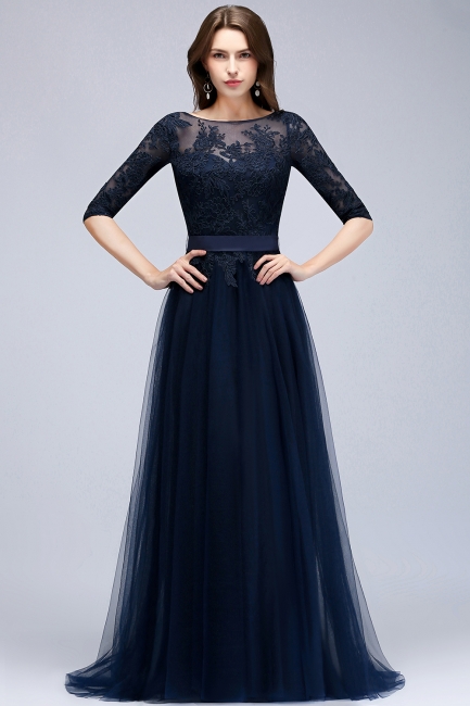 Elegant Summer Half-Sleeves Lace Appliques Dark Navy Bridesmaid Dresses UK