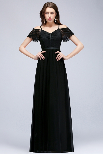 Summer Long Spaghetti V-neck Black Lace Chiffon Bridesmaid Dresses UK