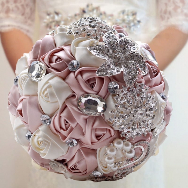 Colorful Silk Rose Crystal Beading Wedding Bouquet UK