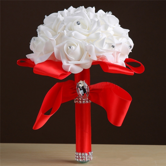 White Silk Rose Crystal Beading Bouquet in Colorful Handles
