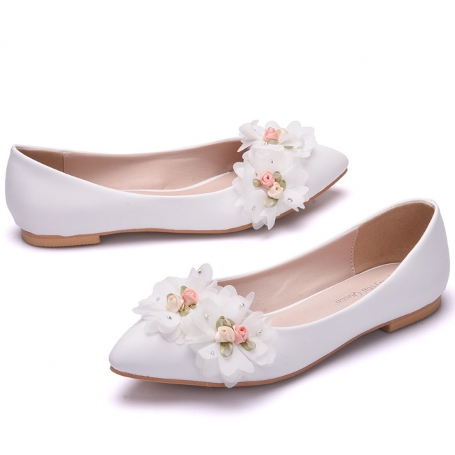 Modern Pionted Toe PU Flat Wedding Shoes UK with Flowers