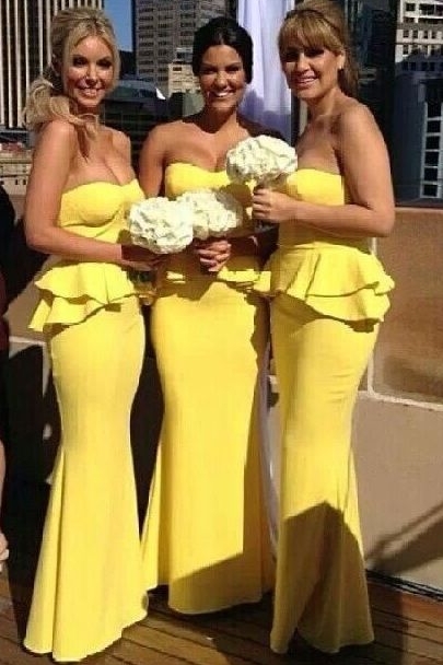 Bright-Yellow Long Sexy Trumpt Peplum Ruffles Bridesmaid Dresses UK