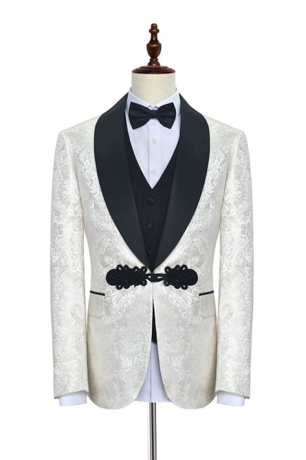 White jacquard Chinese knot button custom suit | Shawl Collar 3 Piece Formal Wedding British Men Suits UK