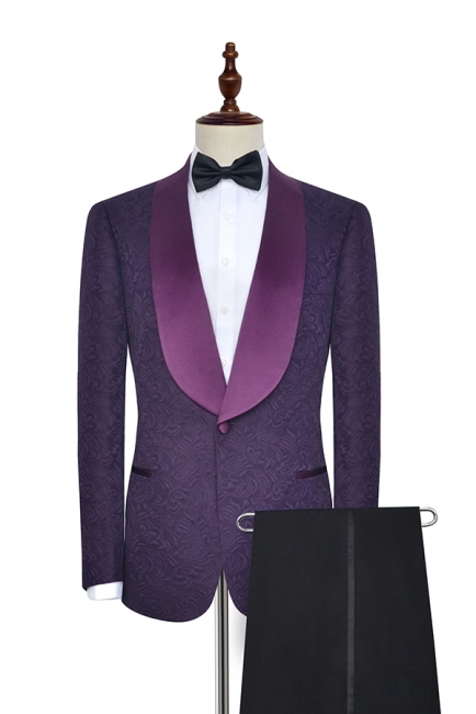 Hot Recommed Deep Purple Jacquard One Button Customized suit UK | Modern Shawl Collar Single Breasted UK Wedding Suit For Bestman