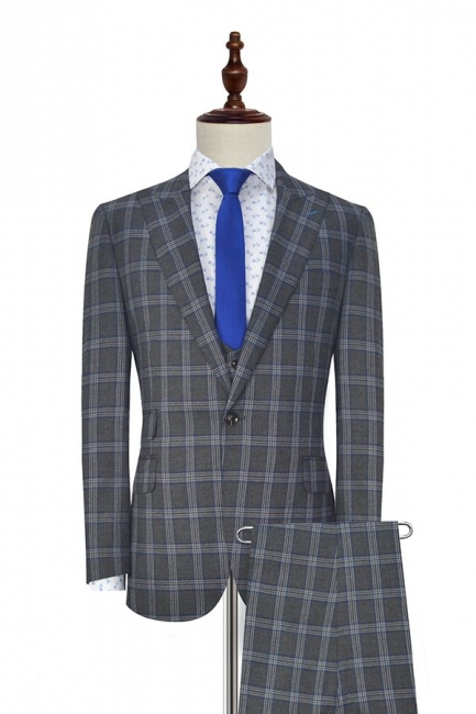 Dark Grey Large Lattice Peak lapel Three-piece Suit For Formal | New Trendy 3 Pocket Single Breasted UK Wedding Suit For Men
