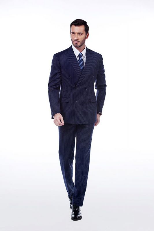 Fashion Double Breasted Navy Blue Made to Measure Suit | Modern Stripe Peak Lapel UK Wedding Suit For Men