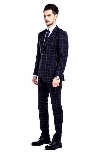 Wool Single Breasted Dark Grey Blue Plaid British Men Suit | Latest Design Notched Lapel Two Button UK Wedding Suit