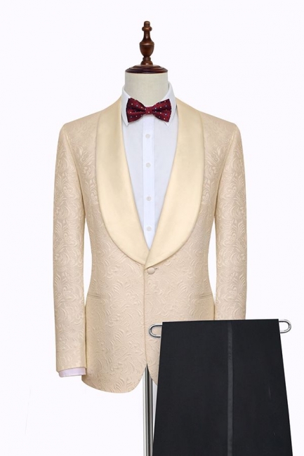 Aristocratic Champagne Jacquard Single Breasted Customized suit UK | Modern One Button Shawl Collar Custom Formal Wedding British Men Suits UK