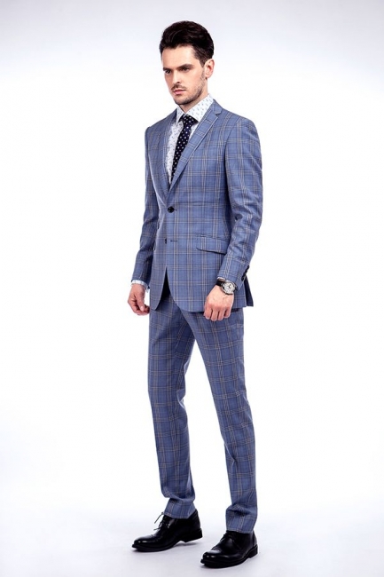 Wool Blue Checked Single Breasted Tailored Suit UK For Men | Stylish Design Notched Lapel Slim Fit UK Wedding Suit