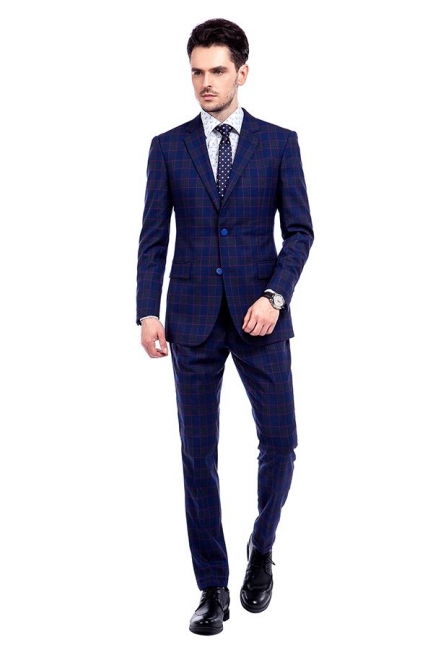 High Quality Blue Grid Two Button Slim Fit Suit | High Quality Peak Lapel Latest Design UK Wedding Suit