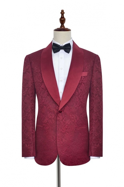 Deep Red Jacquard 3 Pockets Shawl Collar Custom UK Wedding Suit | Single Breasted One Button Custom British Men Suits UK Tuxedos