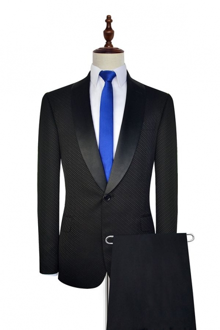 New Arrival Black Small Squares Jacquard Shawl Collar Custom Made Suit UK | Single Breasted One Button Unique UK Wedding Suit For Bestman