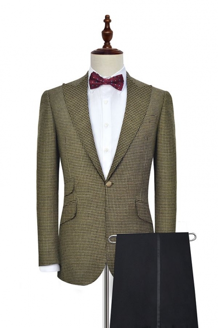 Bespoke Single Breasted One Button 3 Pocket Tailored Suit UK | Aureate Wool Small Grid Peak Lapel Bestman Wedding Tuxedos