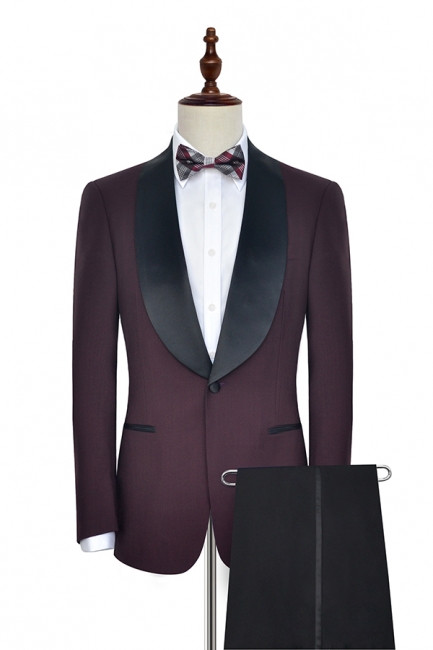 Burgundy Single Breasted One Button Custom Made Suit UK | Classic Two Pocket Shawl Collar Wool Wedding Tuxedos For Bestman