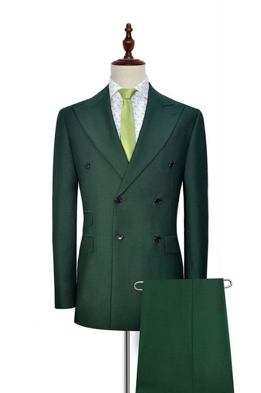 Green Double Breasted Tailored Suit UK For Formal | Peaked Lapel 3 Pockets Custom Made Causal Suit