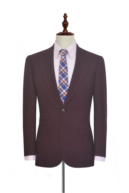 Dark Red Small grid Peak Lapel UK Custom Suit For Men | New Single Breasted One Button Groomsman Men Business Suit