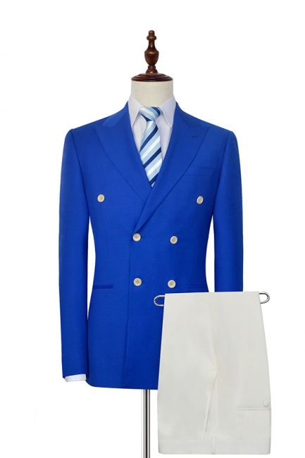 Royal Blue Double Breasted Wool Custom Suit | Fashion Peak Lapel Six Button Bestman Wedding Tuxedos