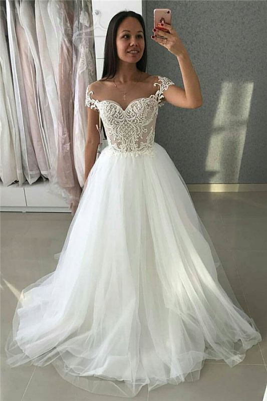 Simple Cute Tulle Appliques Cap-Sleeves UK Wedding Dress