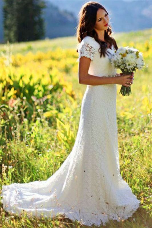 Elegant Lace Appliques Short-Sleeves Sheath UK Wedding Dress