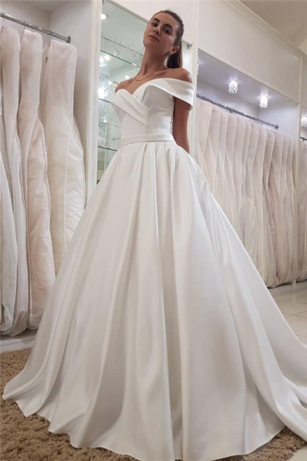 Simple Off-the-Shoulder Sweetheart Sleeveless Ruffles Long Satin UK Wedding Dress