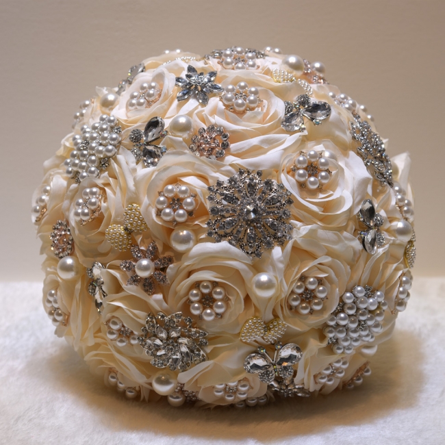 Shiny Crystal Beading Silk Rose Wedding Bouquet UK in White and Pink