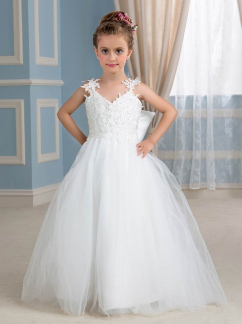 Cute Tulle Lace Straps Sleeveless Bowknot UK Flower Girl Dress with Appliques