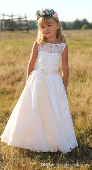 Cute Lace White UK Flower Girl Dresses with Sash