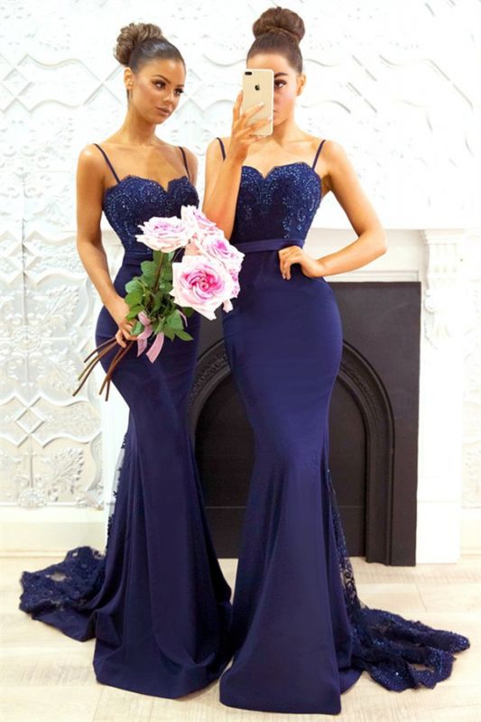 Spaghetti Straps Backless Spring Bridesmaid Dresses UK Cheap Sexy Trumpt Lace Evening Gown BA7878