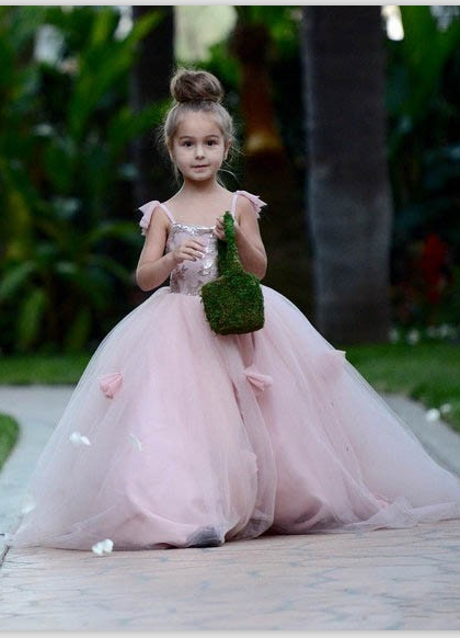 Cute Sleeveless Modest Blush-Pink Tulle UK Flower Girl Dress