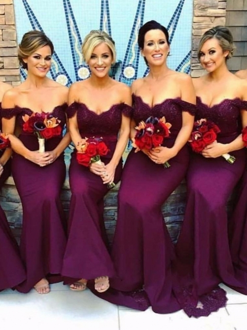Off-The-Shoulder Sexy Trumpt Bridesmaid Dresses UK | Elegant Lace Appliques Maid Of The Honor Dresses