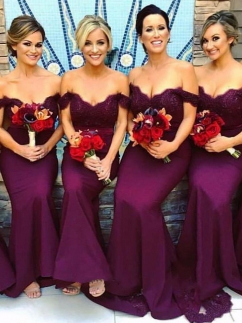Sexy Trumpt Lace Bridesmaid Dresses UK | Off-The-Shoulder Court Train Maid of the Honor Dresses