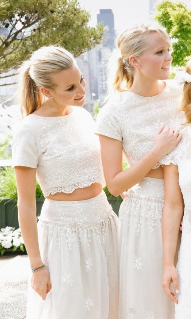Modern White Two Piece Summer Bridesmaid Dress Lace Short Sleeve Jewel