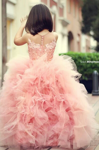 New Pink Chic Ruffles UK Flower Girl Dresses Puffy Sleeveless Formal Party Gowns