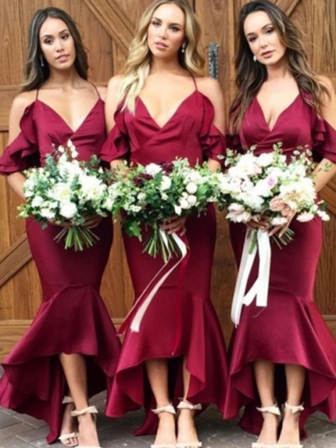High-low V-Neck Bridesmaid Dresses UK | Sexy Trumpt Spaghetti Straps Maid of the Honor Dresses with Ruffles