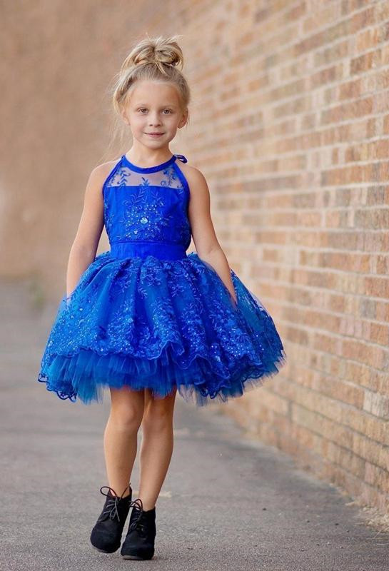 New Arrival Royal Blue Lace Appliques UK Flower Girl Dress | Halter Puffy Mini Girls Pageant Dress