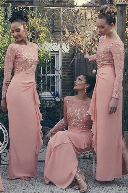 Bateau Long Sleeve Bridesmaid Dresses UK Cheap Pink Chiffon Long Spring Dress for Maid of Honor
