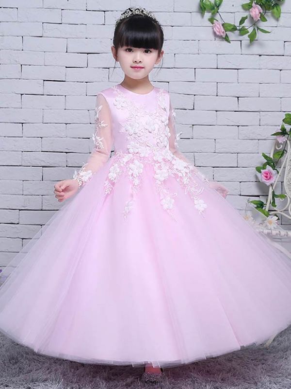 Cute Tulle Lace Jewel Long Sleeves UK Flower Girl Dress