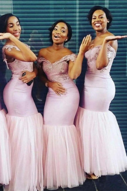 Elegant Column Cape Off-the-Shoulder Bridesmaids Dresses | Pink Long Bridesmaid Dresses UK