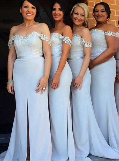 Elegant Off-the-Shoulder Sexy Trumpt Bridesmaid Dress Front Split Lace