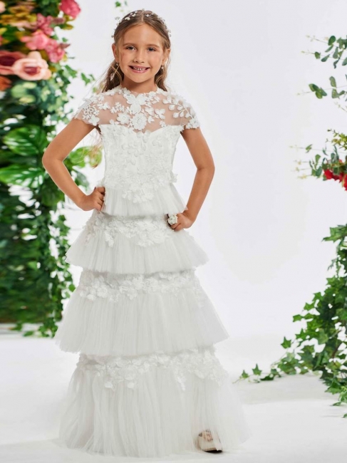 Cute Tulle Cap Sleeve Layered Scoop Long UK Flower Girl Dress with Appliques