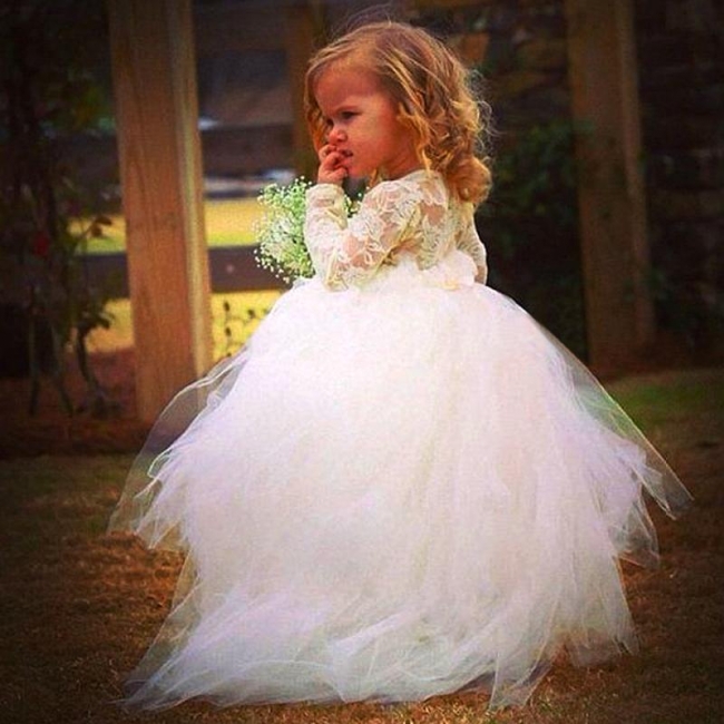 New Arrival Long Sleeve Tulle UK Flower Girl Dress With Lace
