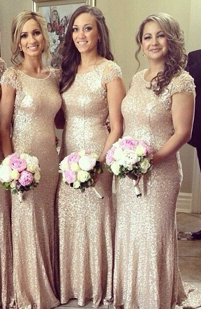 Sequined Crystal Short Sleeve Bridesmaid Dress Spring Sweep Train Wedding Party Dresses