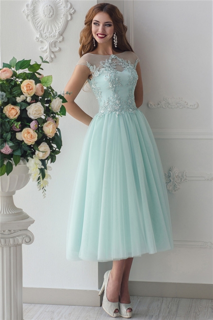 Elegant Tea Length Mint Green Bridesmaid Dresses UK Cheap | Beading Appliques Lace-up Tulle Maid of Honor Dresses 2019