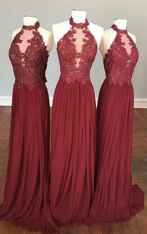 Delicate Lace Appliques Halter Sleeveless Chiffon Burgundy Bridesmaid Dress