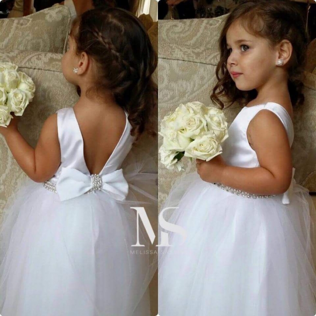 White Lively Crystal UK Flower Girl Dress Bowknot Cute Long UK Wedding Dress BO8383