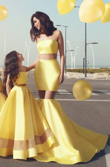 Bright Yellow Sext Sexy Trumpt Evening Dresses | Strapless See Through Cheap Bridesmaid Dress