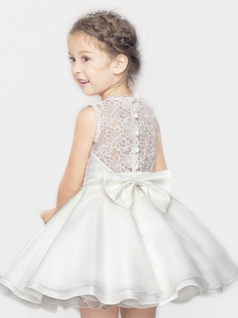 Modest Organza Satin Lace Scoop Short UK Flower Girl Dress with Bowknot