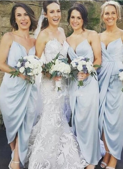Spaghettis-Straps Sky-Blue Ruffles Slit Column Bridesmaid Dresses UK