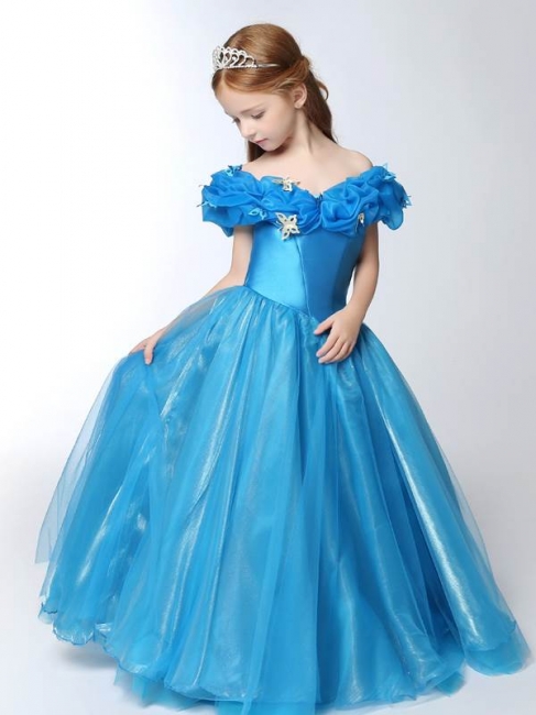 Cute Tulle Off-the-Shoulder Long UK Flower Girl Dress with Butterflies